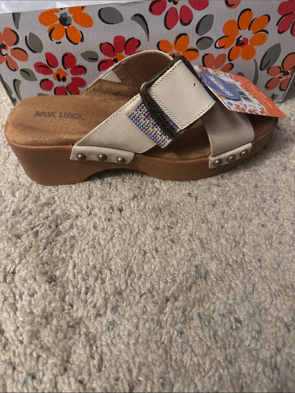 Muk Luks Natural Open-Toe Slide Mule with Buckle. New In Box